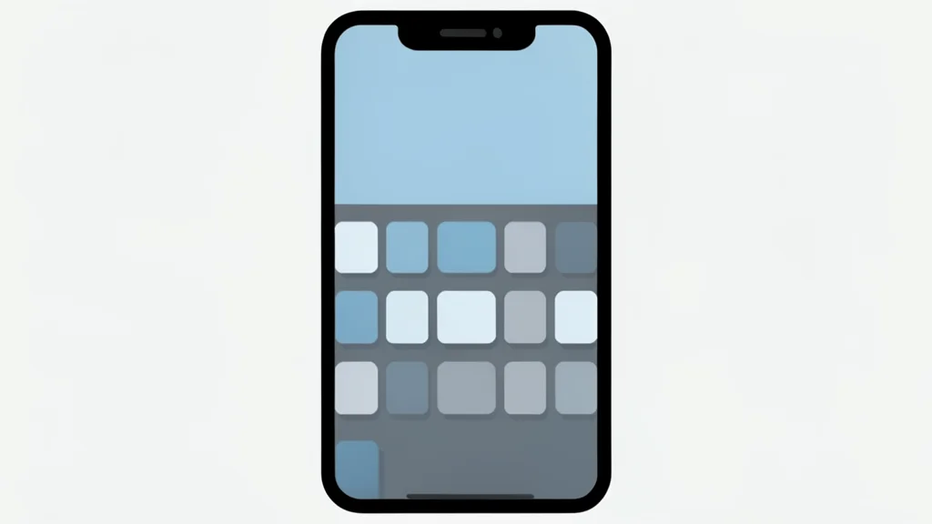 A flat vector illustration of a smartphone keyboard with rows of keys, featuring abstract geometric shapes in muted blues and grays to represent language diversity.