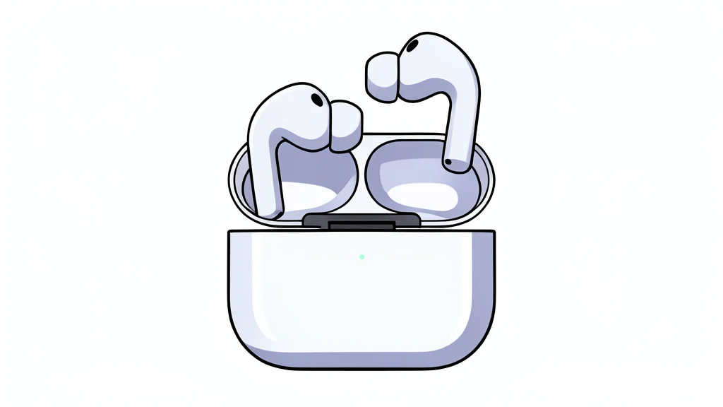 A pair of white wireless earbuds resting in an open charging case on a wooden surface