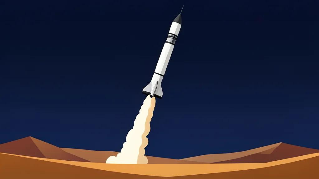 A ballistic missile rising through a dark sky above a desert landscape