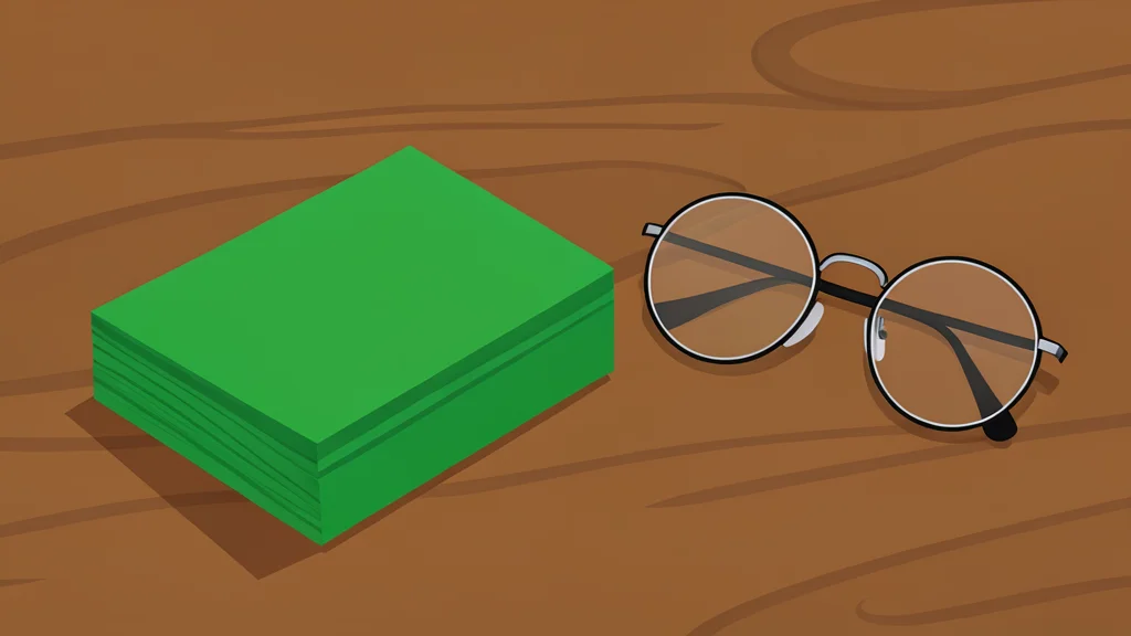 A stack of South Korean won banknotes resting on a wooden desk next to a pair of reading glasses
