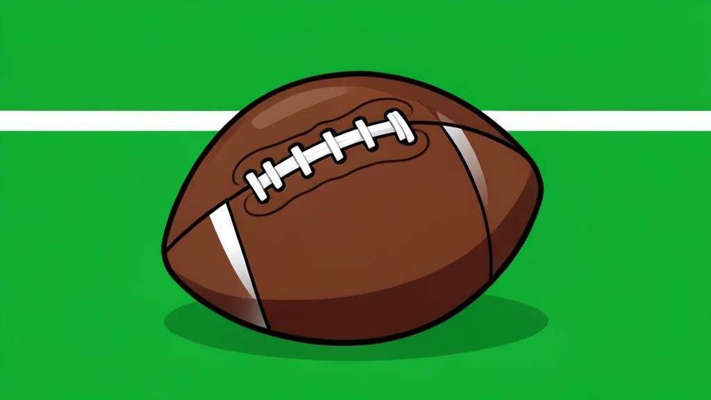 A green football field with white yard lines and a brown leather football resting on the grass