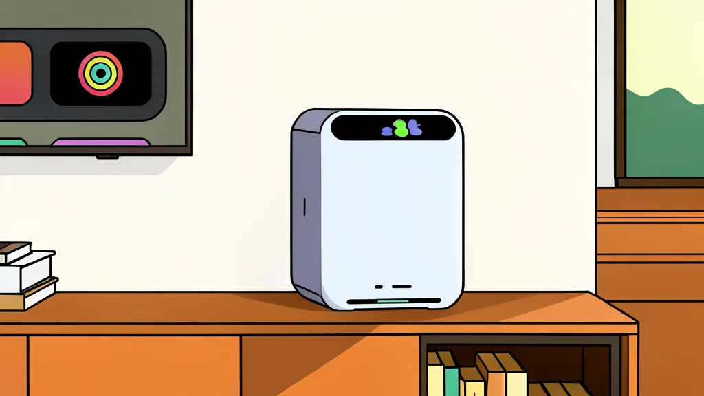 A small, matte black rectangular box with a subtle glowing ring on top, sitting on a wooden shelf next to a potted plant.
