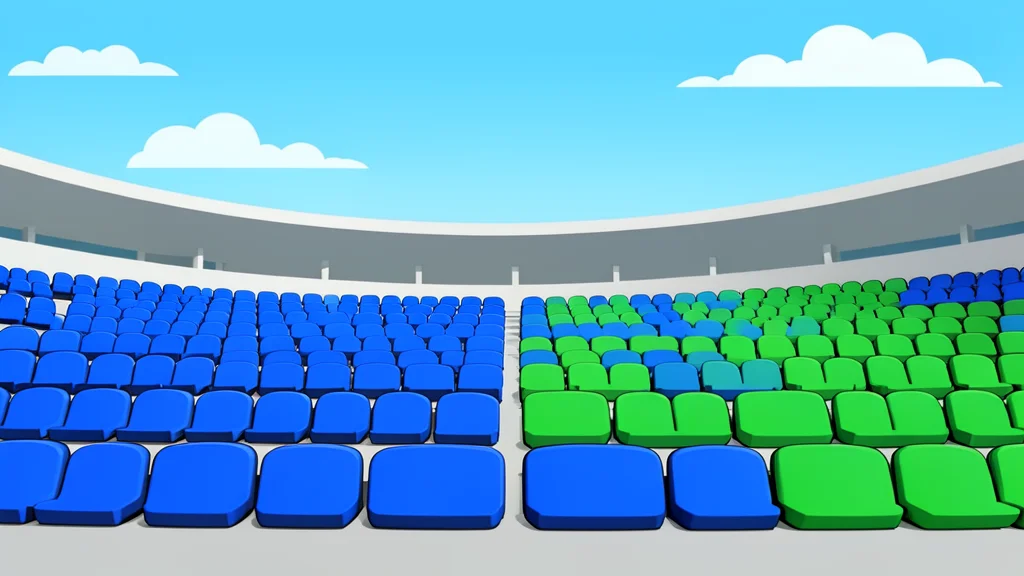 A large, empty stadium seating area with rows of blue and green plastic chairs under a bright sky