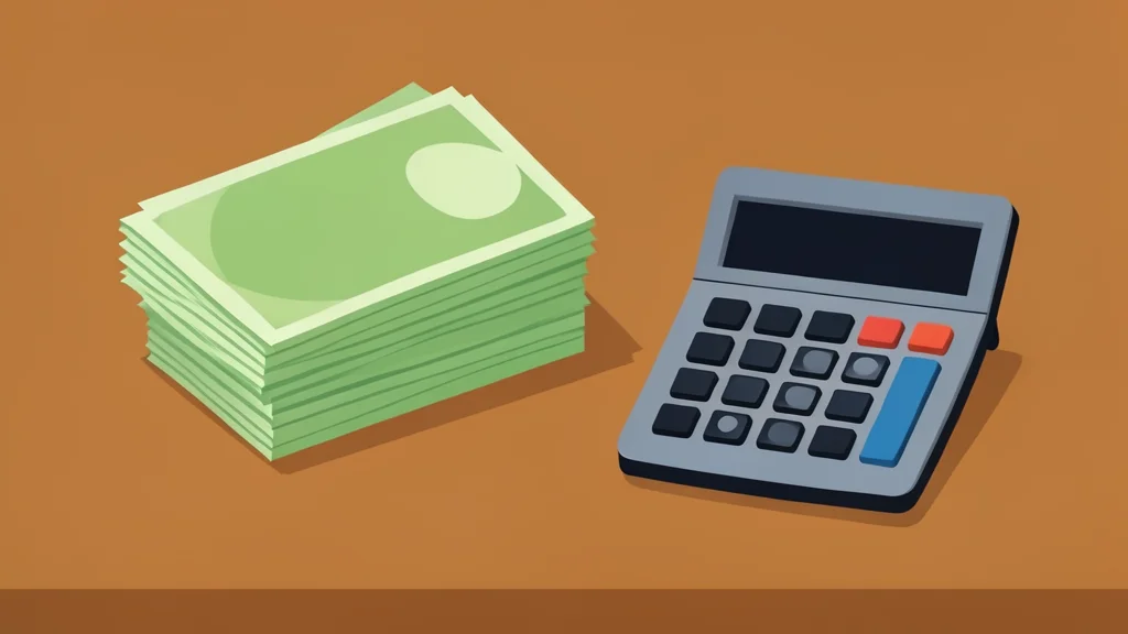 A stack of paper currency notes and a calculator on a wooden desk