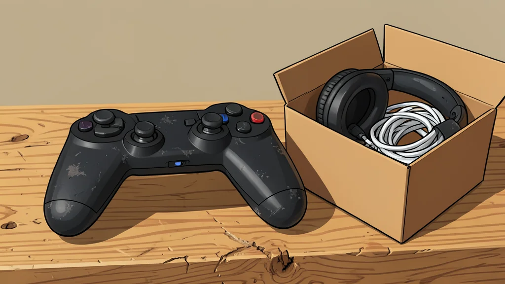 A single, worn video game controller resting on a wooden desk next to a stack of physical game cases