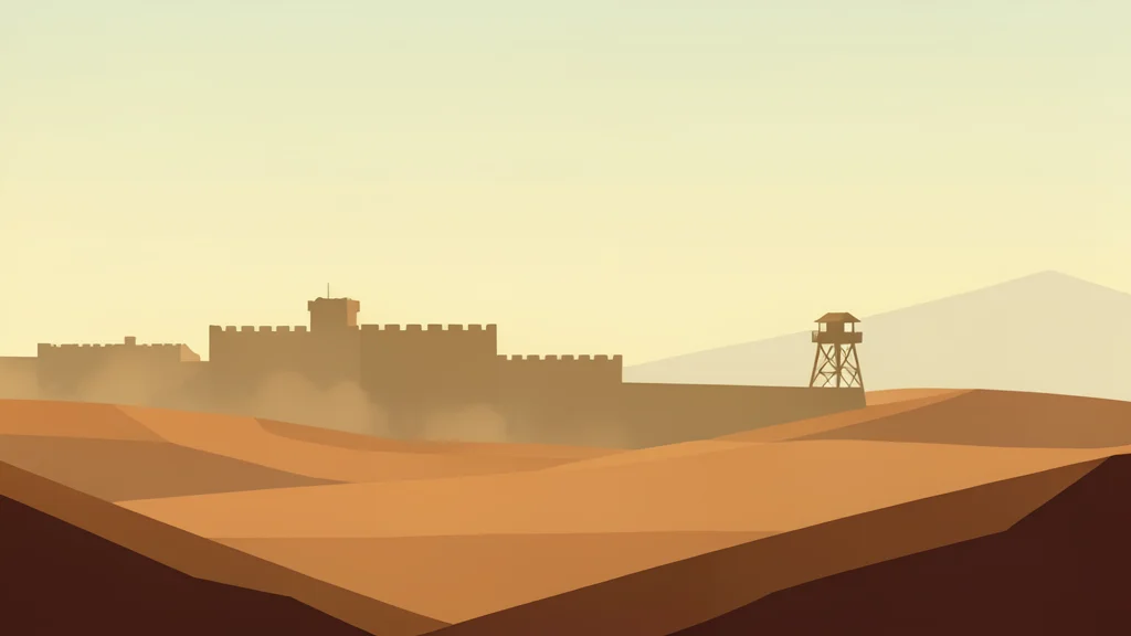 A dusty, sun-baked landscape with a distant silhouette of a fortified military outpost and a lone watchtower standing against a hazy horizon.