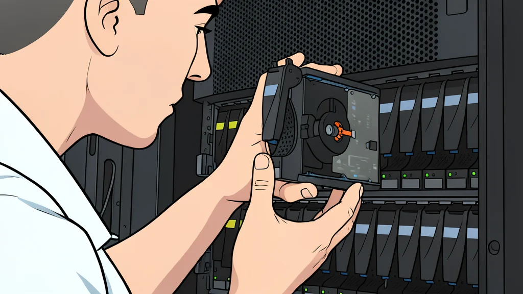 A tall stack of dark grey hard drives neatly arranged inside an open server rack frame.