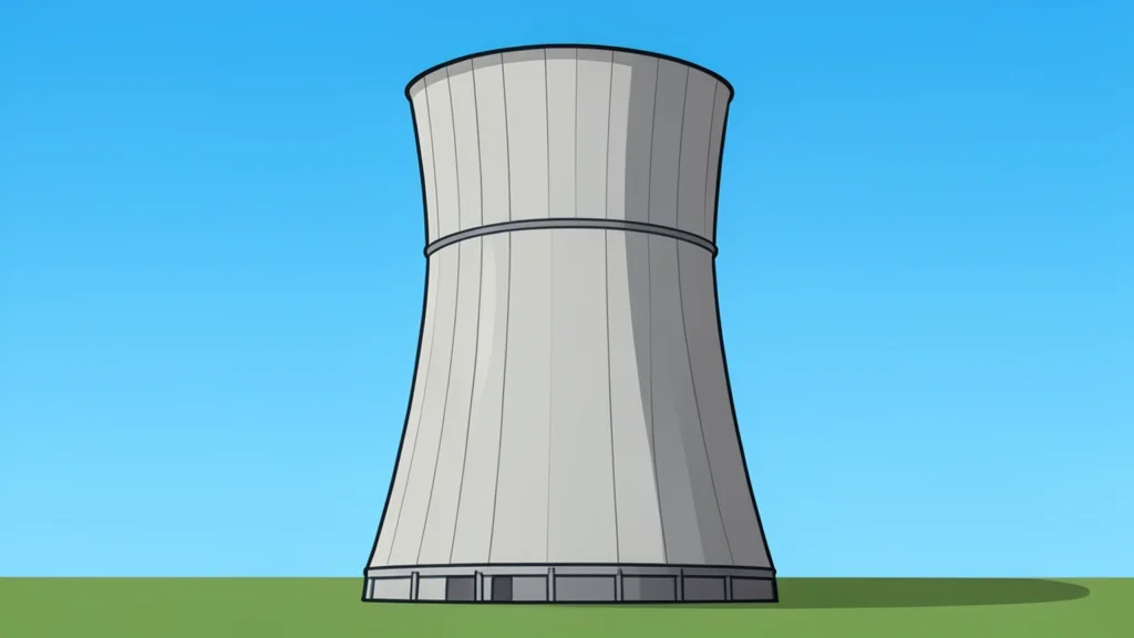 A large, cylindrical concrete cooling tower of a nuclear power plant standing against a clear sky