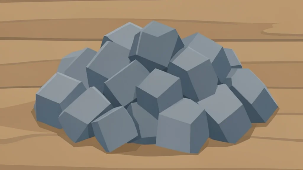 A raw pile of grey metallic ore chunks on a wooden surface
