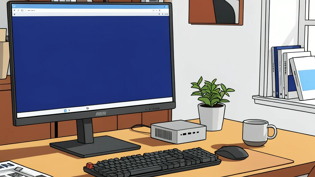 A small silver computer box sitting on a wooden surface next to a laptop with a rotating screen.