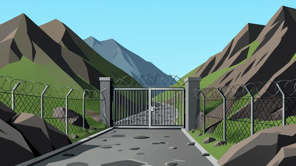 A rugged mountain pass with a closed border gate and barbed wire fencing