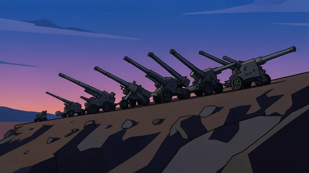 A row of heavy artillery pieces positioned on a rugged, rocky border ridge under a twilight sky