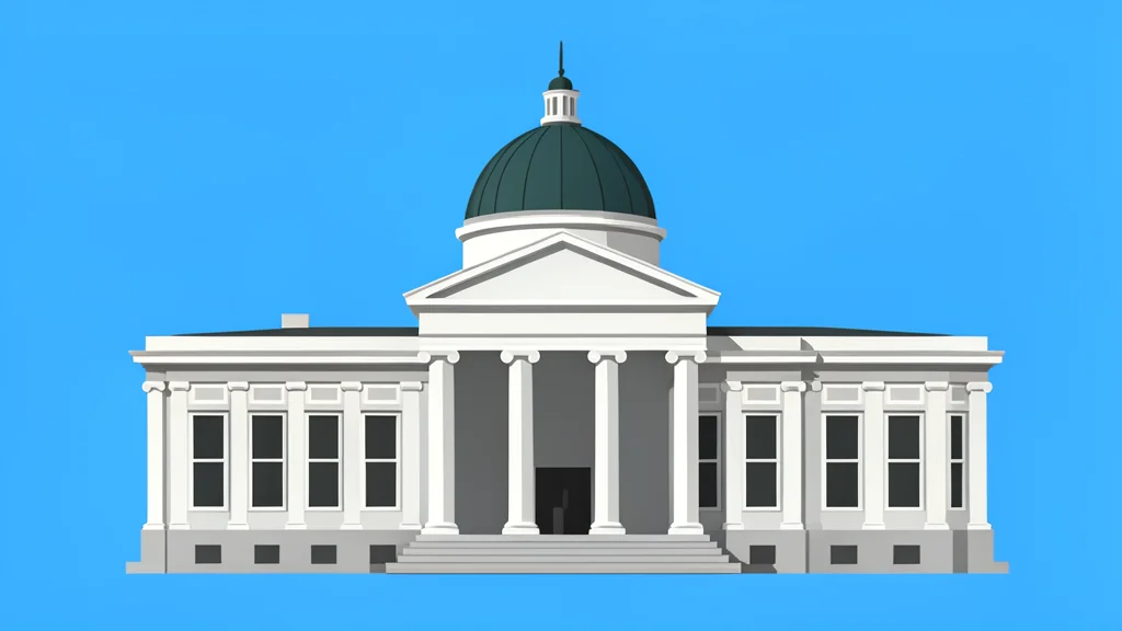 A large, ornate central bank building with columns and a dome, standing under a clear sky