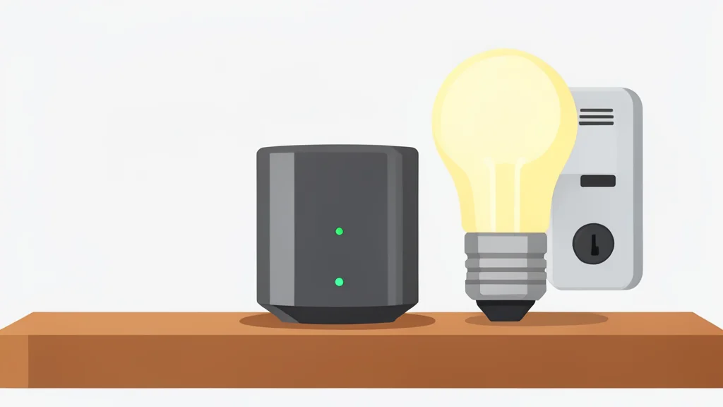 A cylindrical smart home hub on a wooden shelf next to a light bulb and a door lock