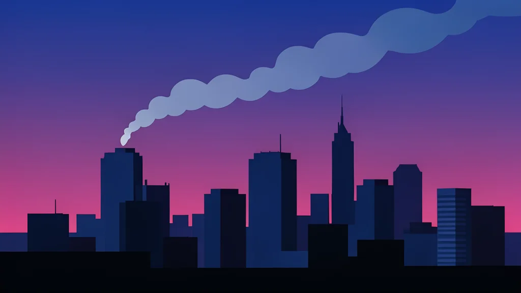 A modern city skyline at dusk with a single plume of smoke rising from the horizon.