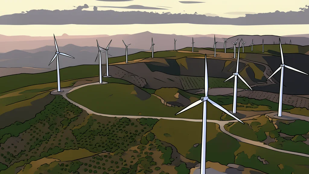 A row of white wind turbines standing on a green hillside under a clear blue sky