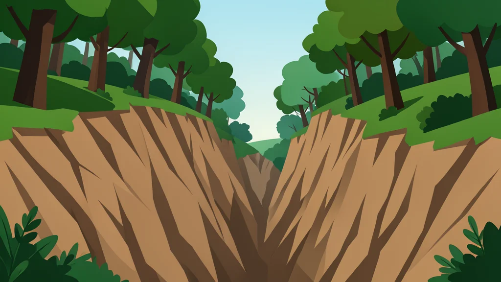 A dense forest ravine with steep, eroded banks and scattered trees