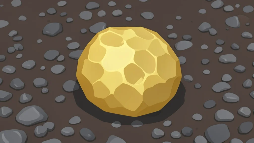 A golden nugget resting on dark, rough earth