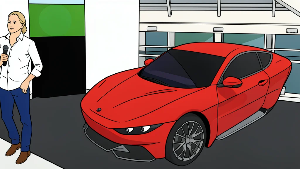 A three-wheeled electric vehicle prototype with a unique seating arrangement, parked in a garage