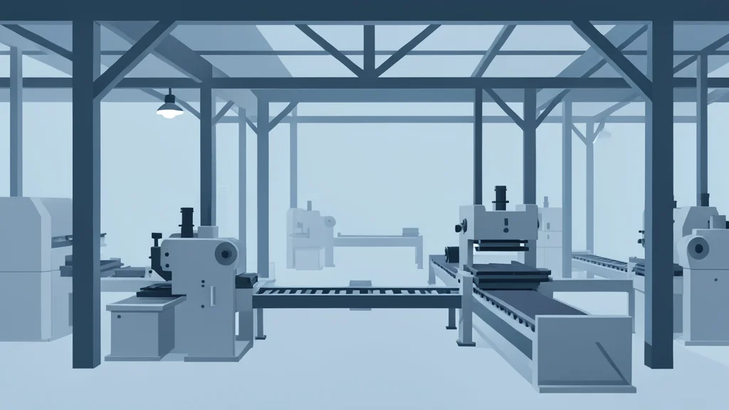A modern industrial factory interior with large metal presses and assembly lines