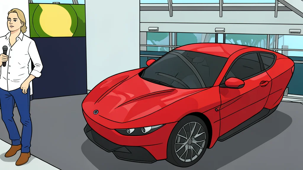 A flat vector illustration of a three-wheeled electric vehicle prototype with a central rear seat, parked inside a minimalist garage structure.