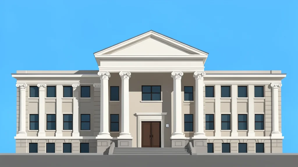 A large, ornate central bank building with tall columns and a stone facade