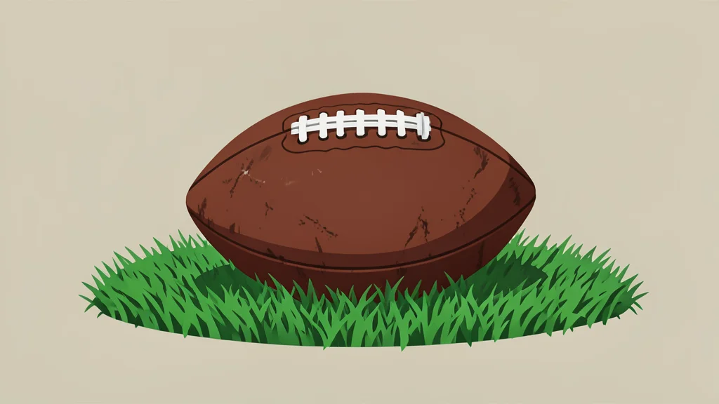 A worn leather football resting on green artificial turf