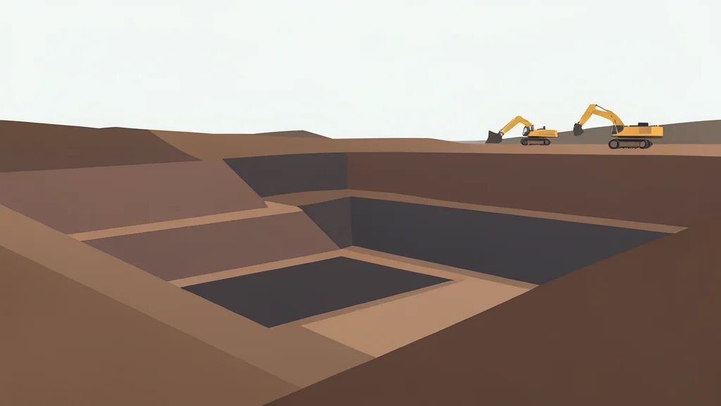 A vast open-pit coal mine with terraced earth walls and heavy machinery in the distance.