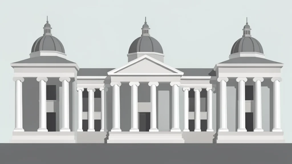 A row of classical bank buildings with columns and domes.