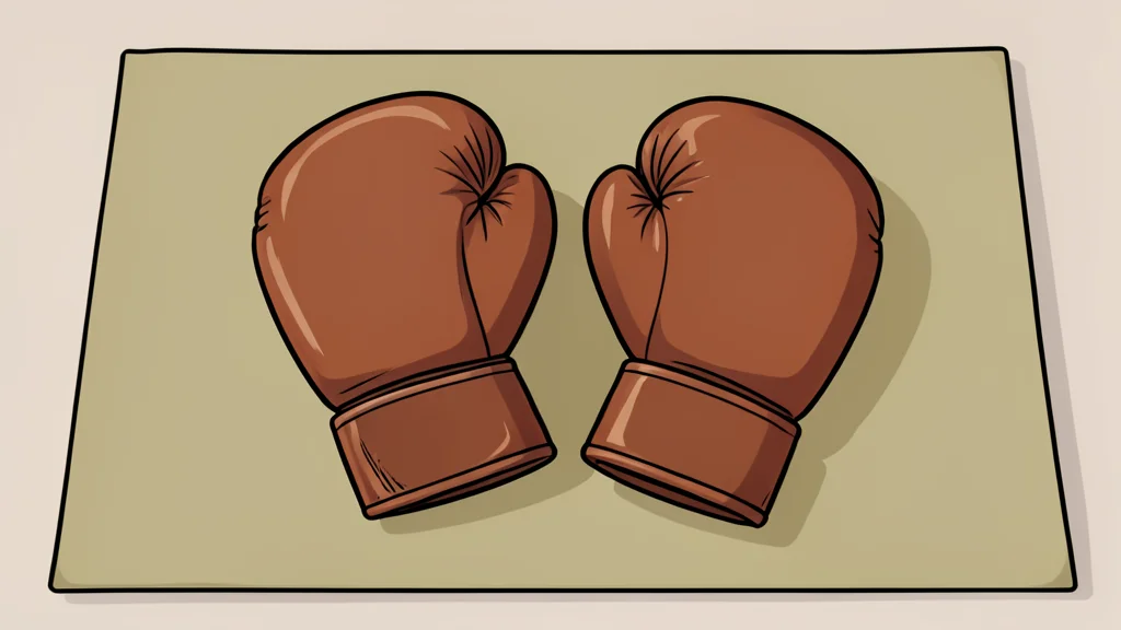 A pair of worn leather boxing gloves resting on a textured canvas mat.