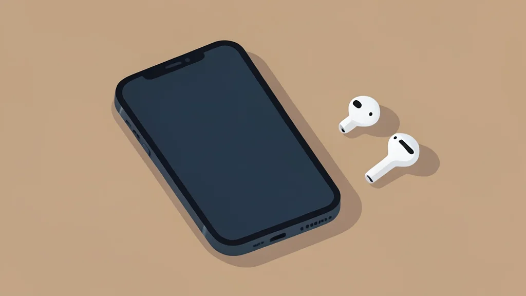 A sleek, modern smartphone resting on a minimalist wooden desk next to a pair of wireless earbuds