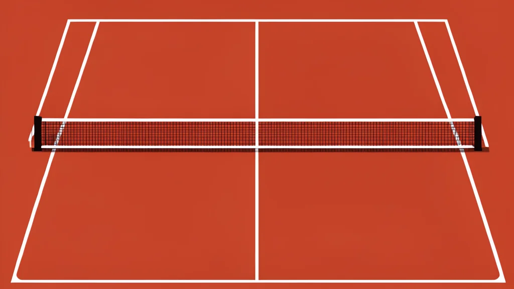 A red clay tennis court with white boundary lines and a net stretched across the center