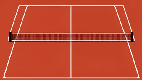 A red clay tennis court with white boundary lines and a net stretched across the center