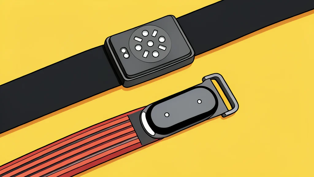 A slim, screenless fitness band rests on a wooden surface next to a pair of running shoes.