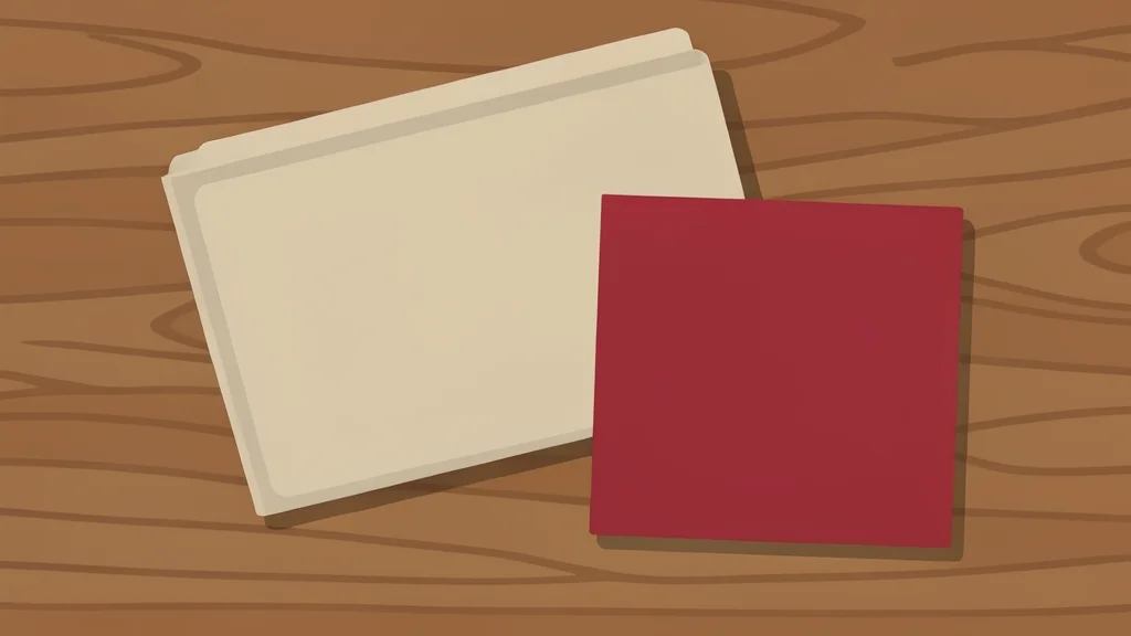 A stack of official government files and a red folder on a wooden desk