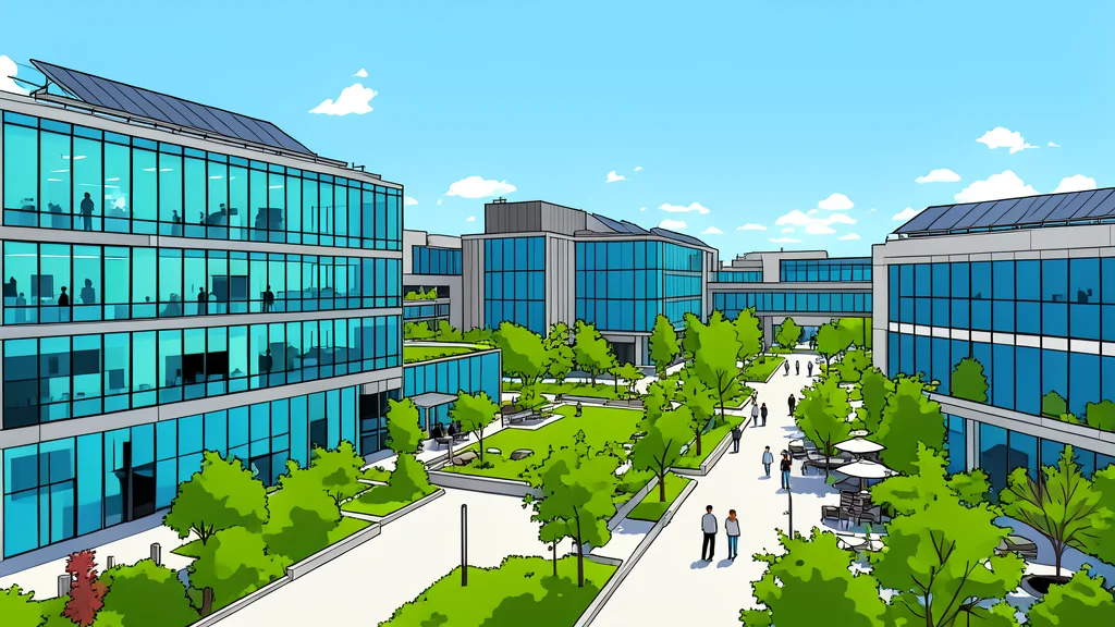 A modern glass office building featuring a lush green rooftop garden, standing against a clear blue sky.