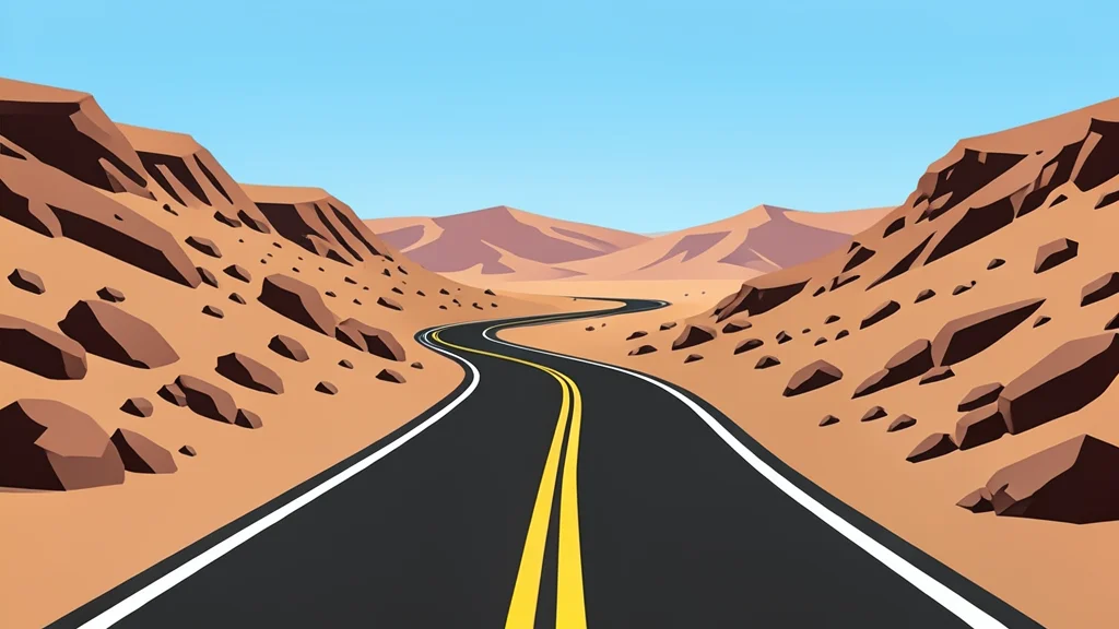 A winding asphalt highway cutting through a dry, rocky desert landscape under a clear sky