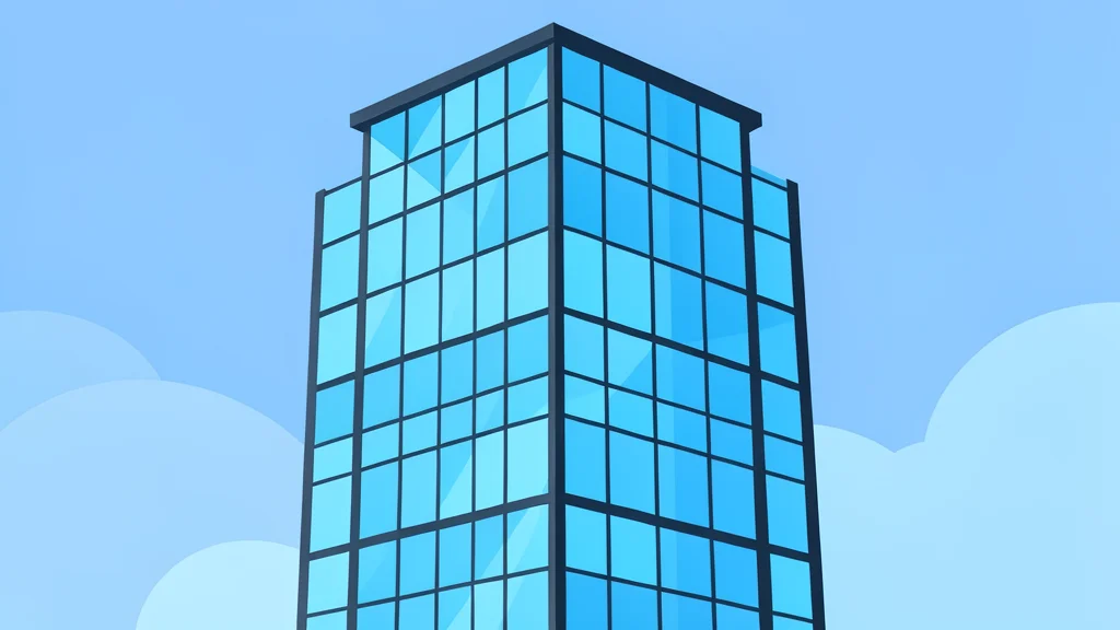 A modern glass skyscraper with a grid of windows reflecting the sky