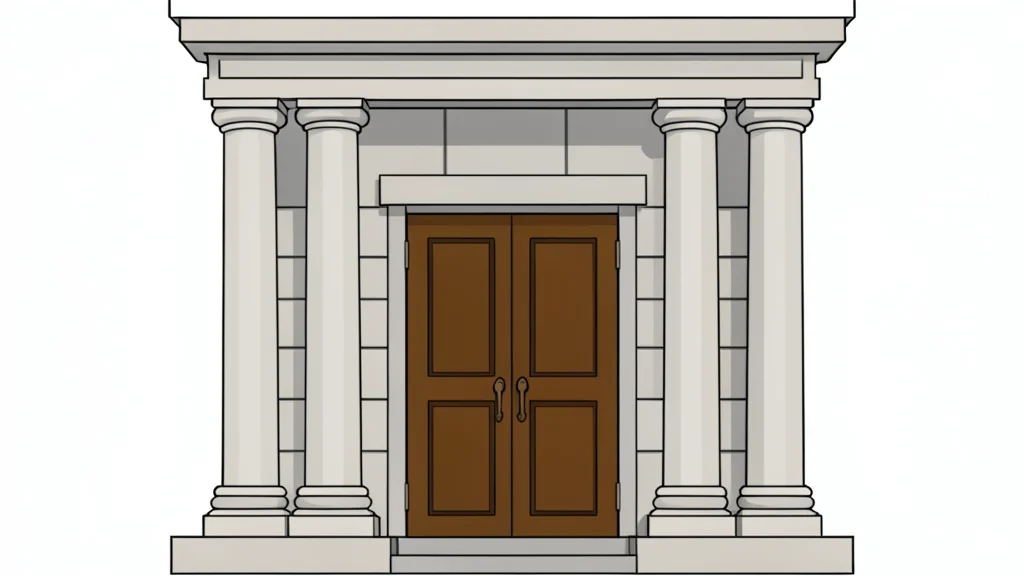 A classical stone bank facade with tall columns and a heavy bronze door