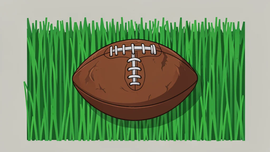 A worn brown leather football resting on green artificial turf