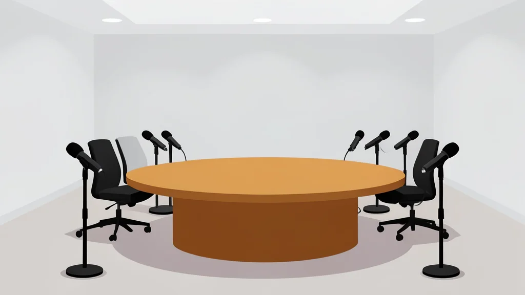 A modern conference hall featuring a central round table equipped with multiple microphones, symbolizing international diplomatic dialogue.
