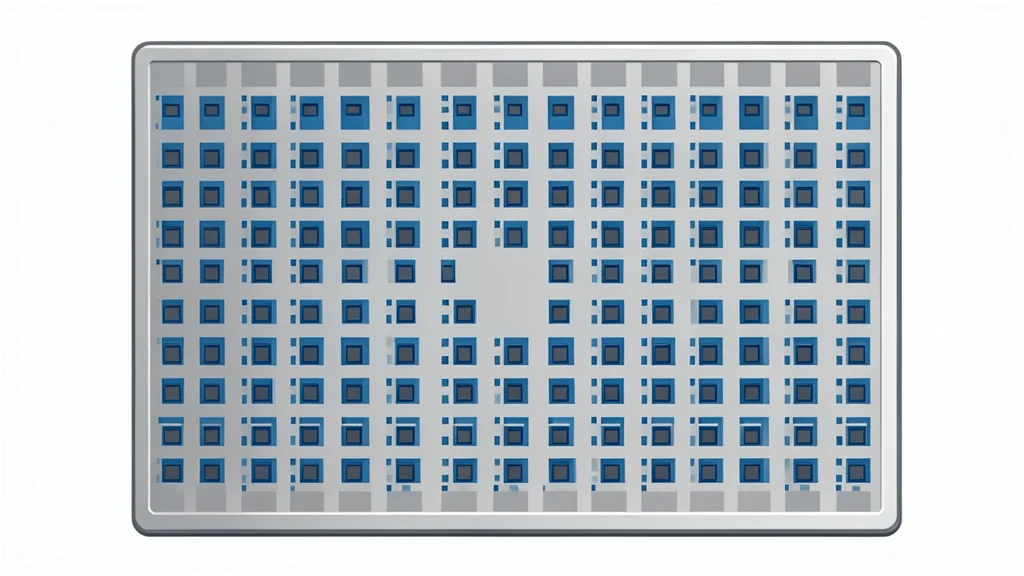A close-up view of a rectangular silicon wafer with a grid of small, square integrated circuits etched into its surface.