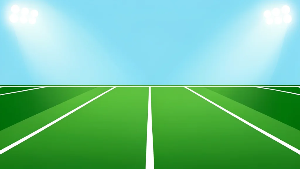 A green football field with white yard lines stretching into the distance under stadium lights