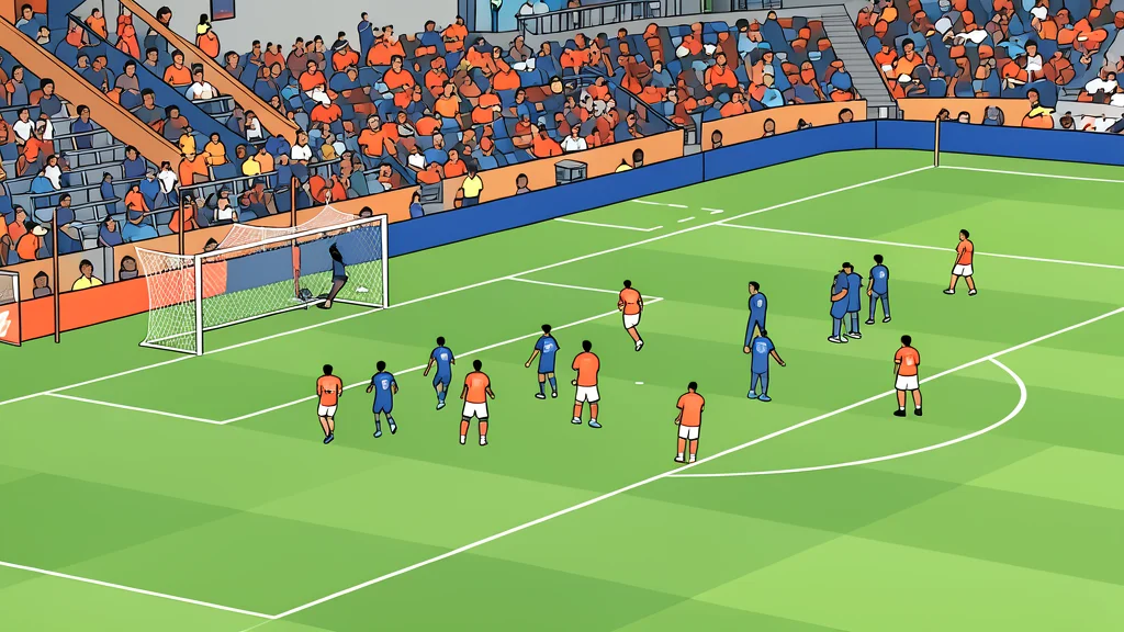 A flat vector illustration of a green football pitch with white lines and a goal net in the background.