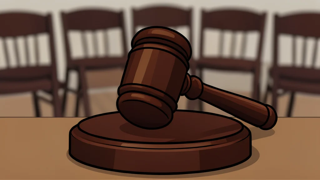 A heavy wooden gavel resting on a polished dark wood surface