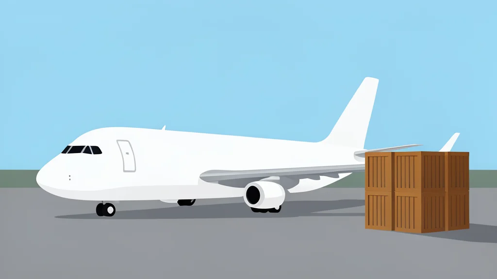 A large cargo plane parked on an airport tarmac next to a stack of wooden shipping crates.