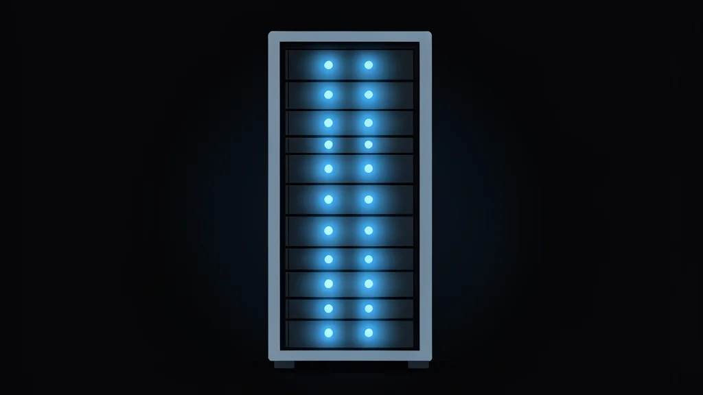 A server rack with glowing blue lights in a dark room