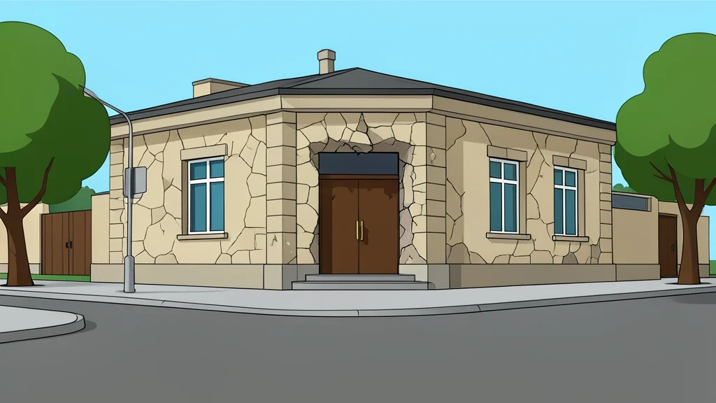 A stone police station building with a damaged entrance and a quiet street in the foreground.