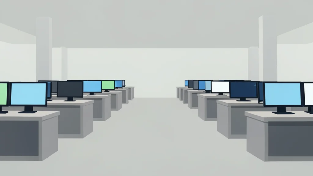 A calm, empty trading floor with rows of desks and computer monitors in the background