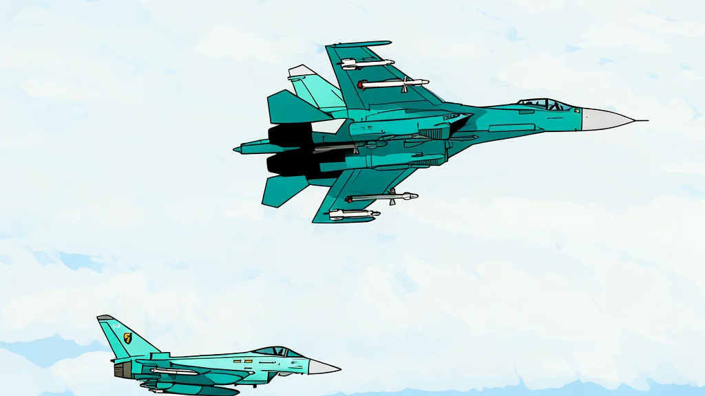 A row of fighter jets parked on a tarmac at an airbase under a clear sky.